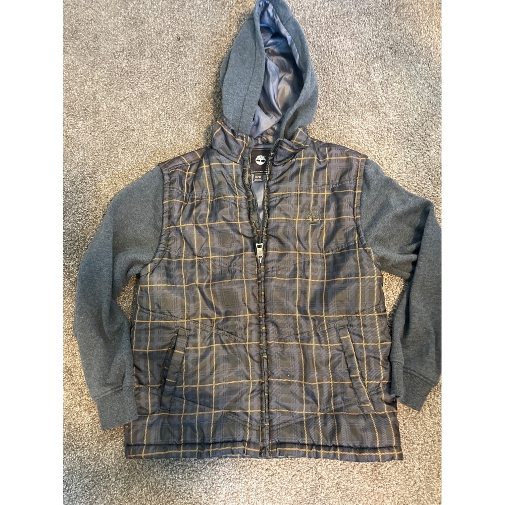 Timberland Boys Puffer Jacket Hooded Plaid Zip Up Gray Size M Medium
